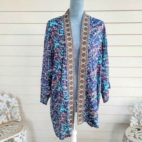 Soft Surroundings shades of blue open front duster jacket / kimono with sequins - Picture 1 of 8